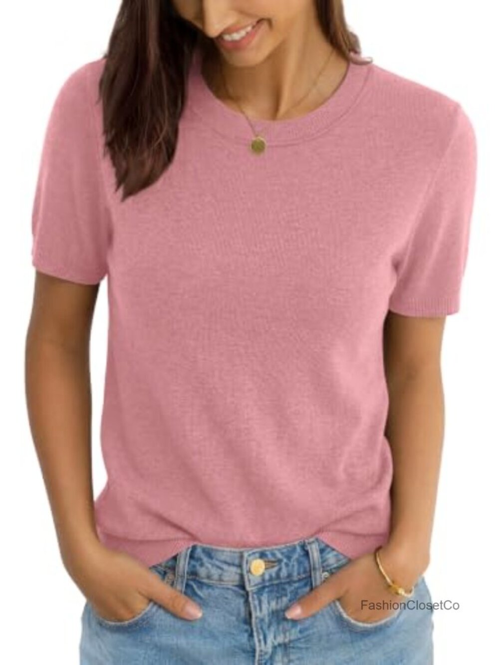 Wool Blend Lightweight Crew Neck Short Sleeve Pullover Sweater